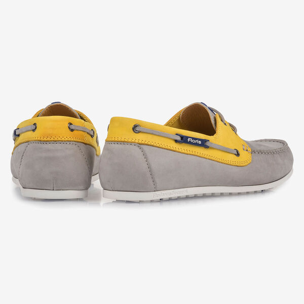 Grey and yellow nubuck leather boat shoe