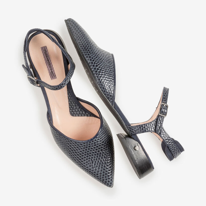 Dark blue suede leather sandals with print