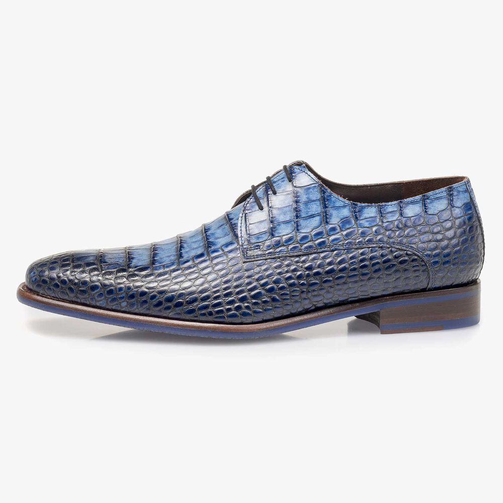 Blauwe kalfsleren veterschoen met crocoprint