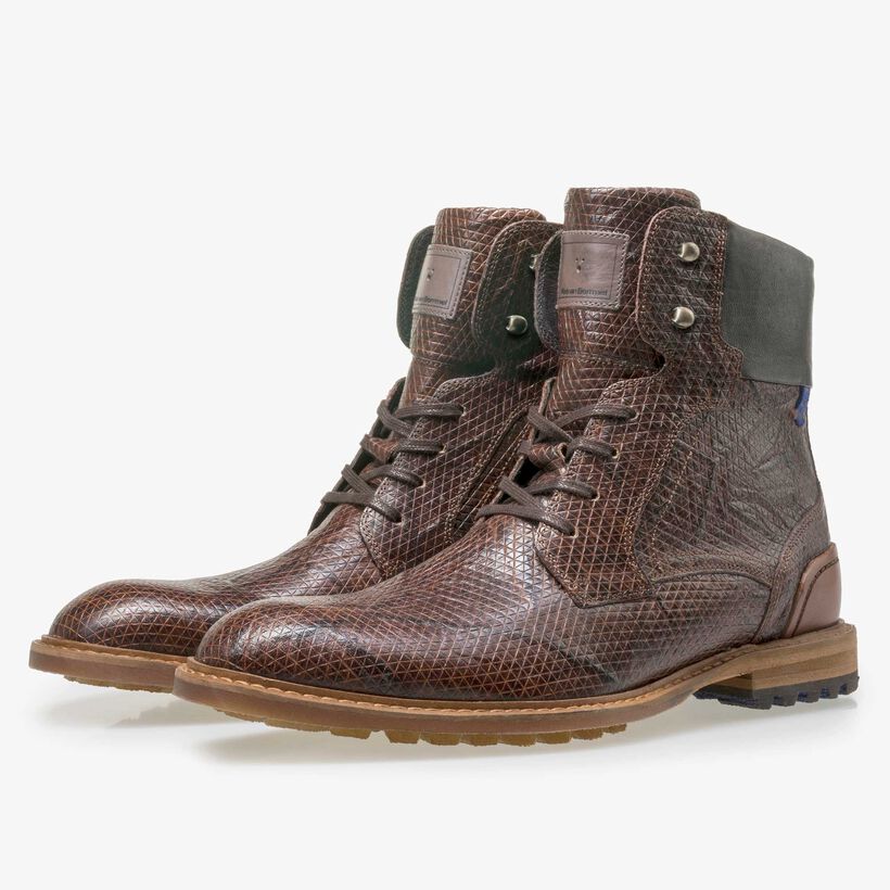 Floris van Bommel hoge cognac leren snakeprint heren veterboot