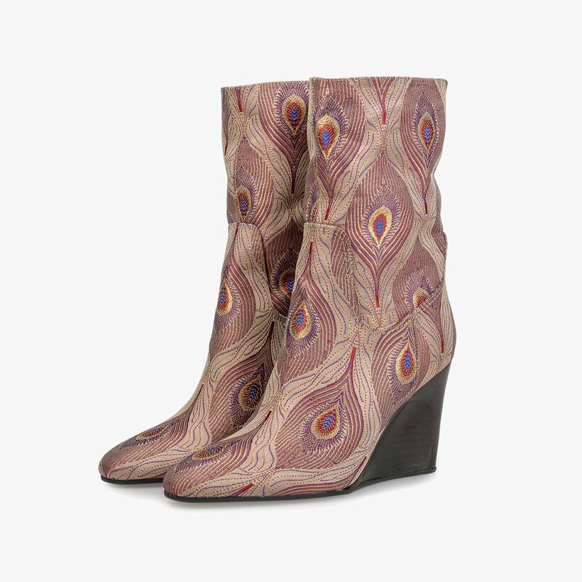 Mid-high boot with dark red peacock print