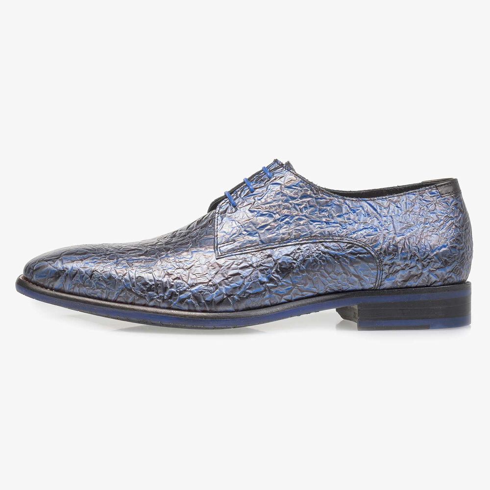 Premium dark blue printed patent leather lace shoe