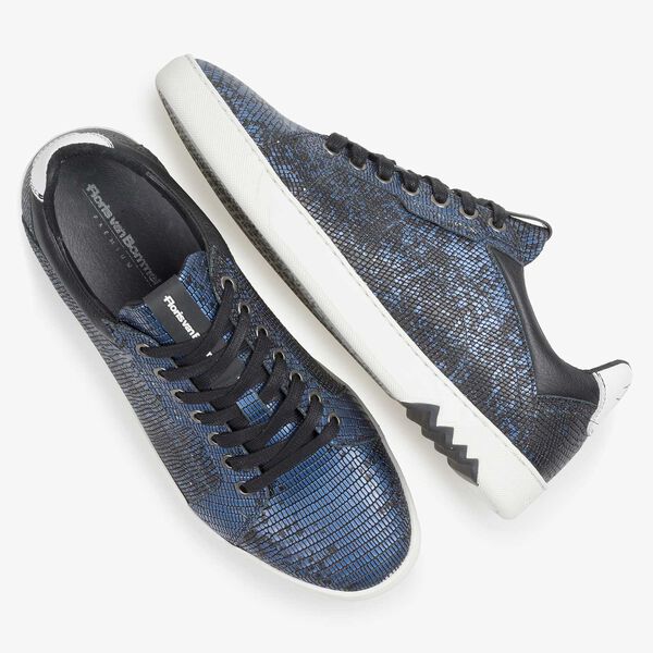 Blue premium leather lace shoe with metallic print