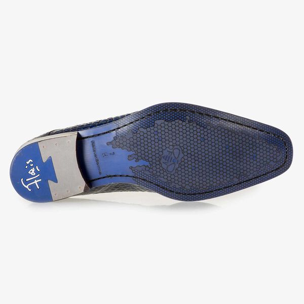 Blauwe kalfsleren veterschoen met crocoprint
