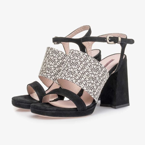 Black and white printed high-heeled suede leather sandal