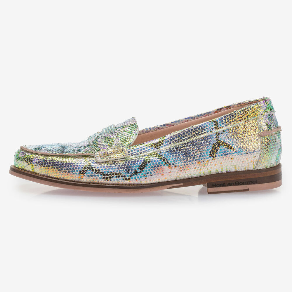 Leren loafer met groen/gouden metallicprint