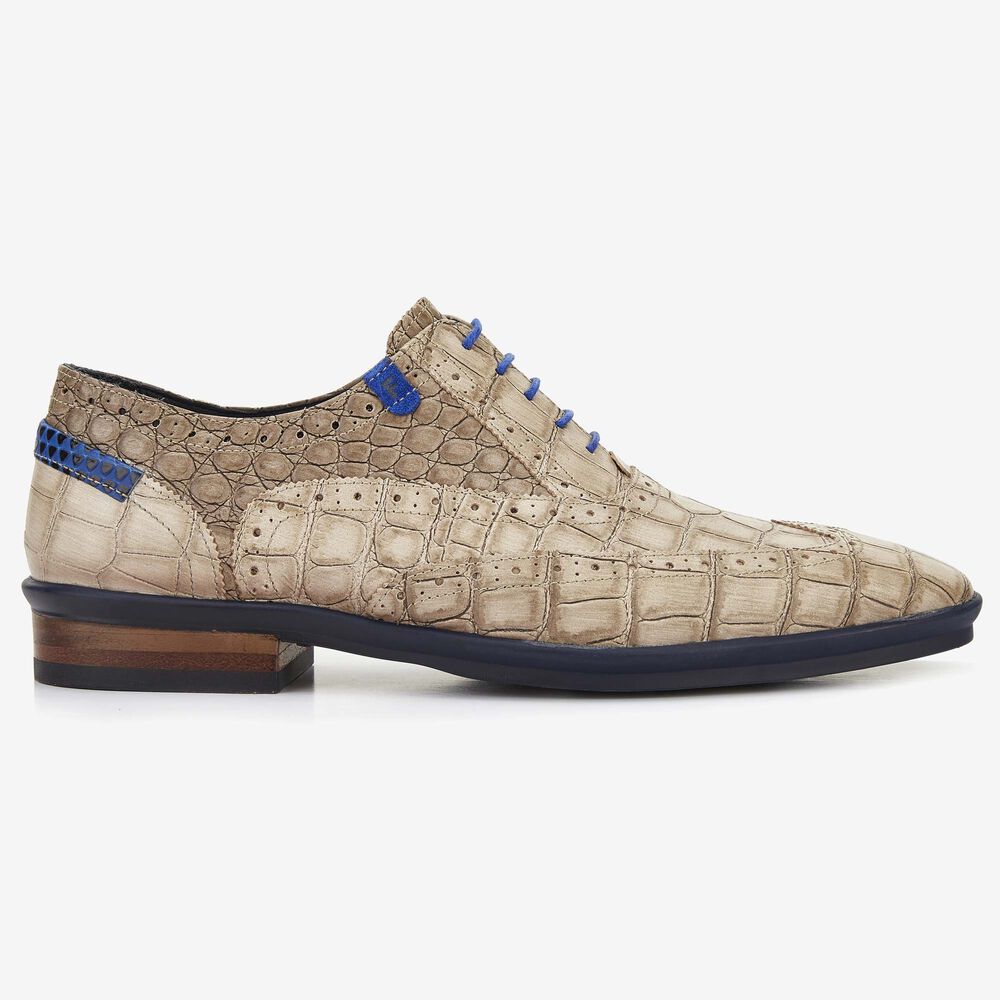 Floris van Bommel zandkleur crocoprint heren veterschoen