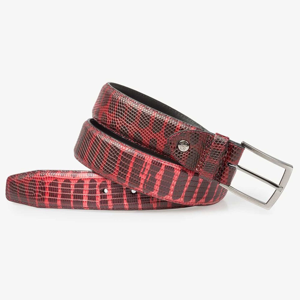 Red calf’s leather belt with lizard print
