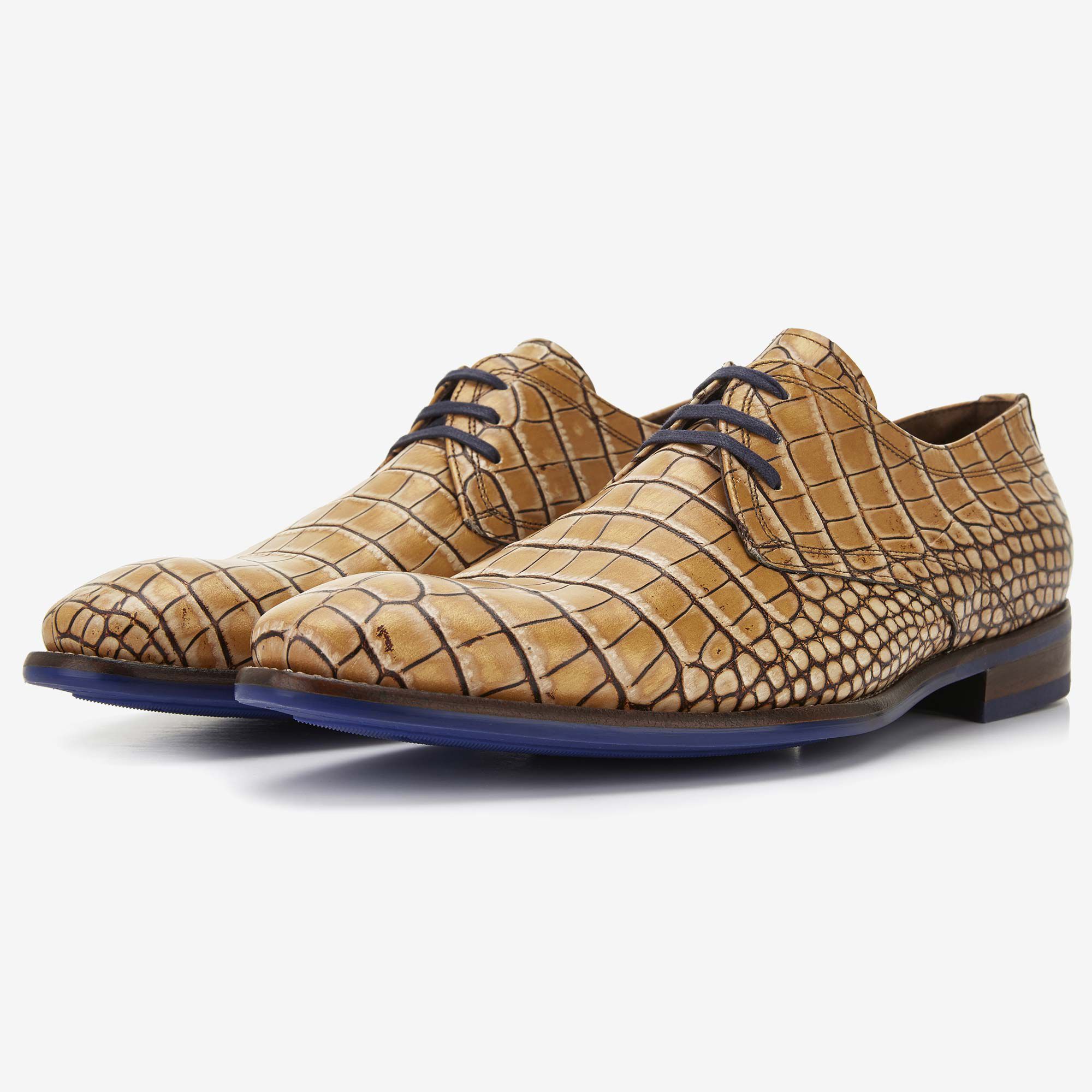 Sand coloured crocodile print men s lace up shoe 14366 02 Floris van Bommel