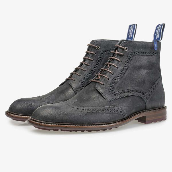 Blue suede leather brogue lace boot