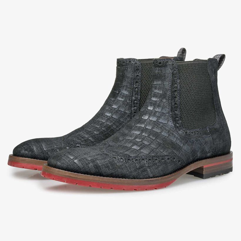 Blue suede Chelsea boot with check pattern