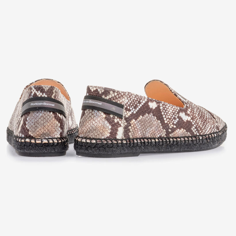 Brown and white leather espadrilles with snake print