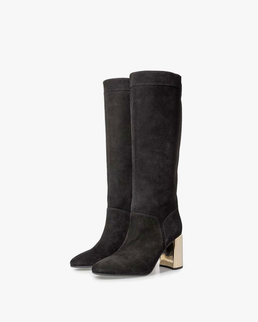 Black suede leather high boots