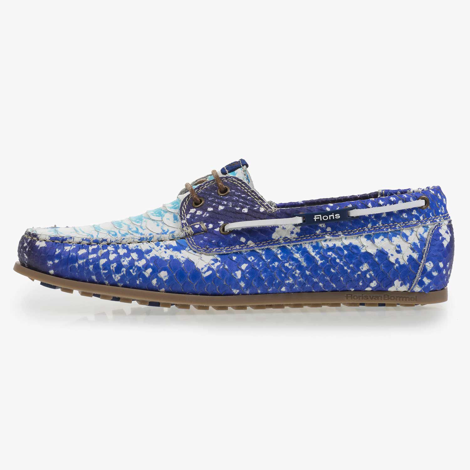 Blue leather boat shoe with snake print Floris van Bommel