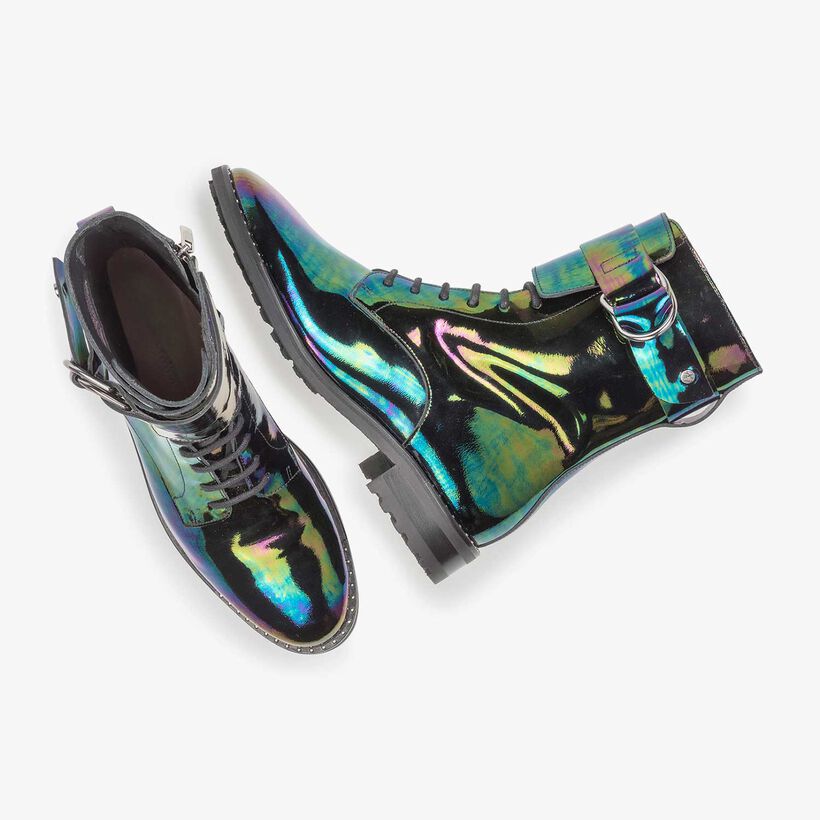 Multi-coloured patent leather lace boot