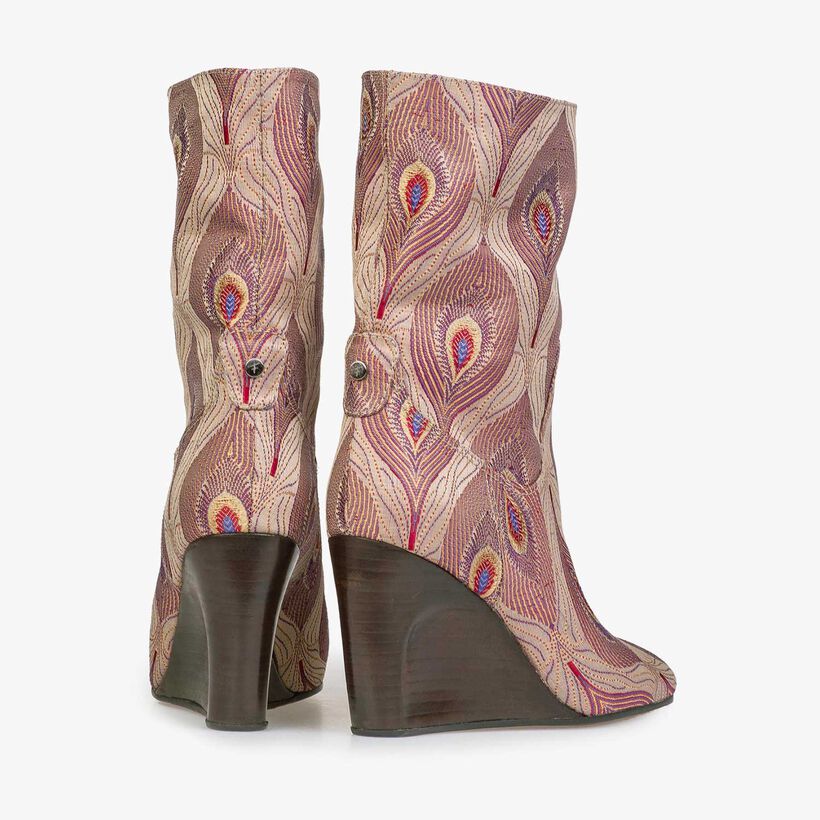 Mid-high boot with dark red peacock print