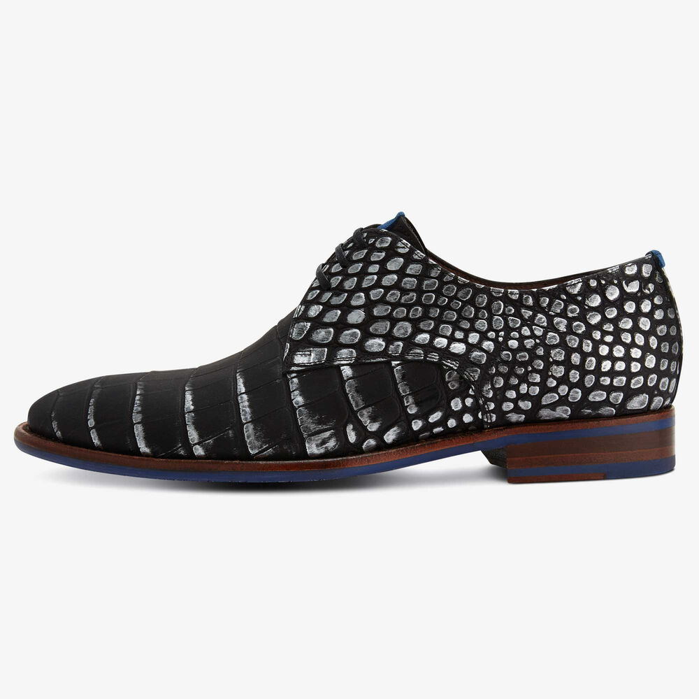 Floris van Bommel Premium zwarte crocoprint heren veterschoen