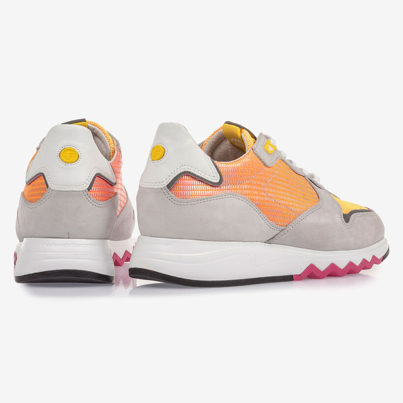 Grey leather sneaker with orange and yellow details