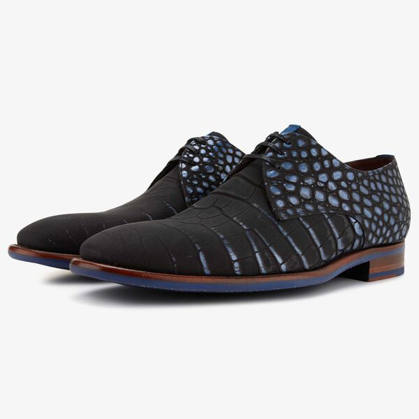 Floris van Bommel Premium zwarte crocoprint heren veterschoen