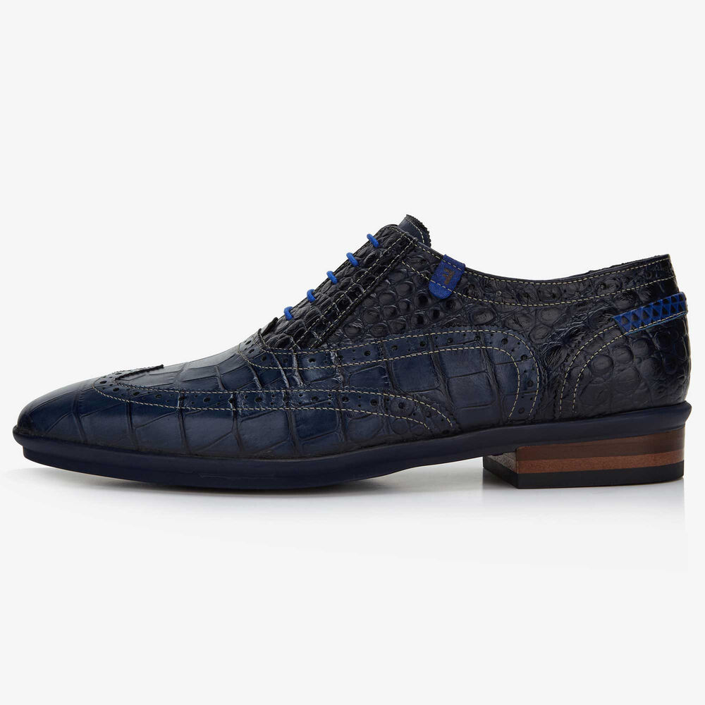 Floris van Bommel donkerblauwe crocoprint heren veterschoen
