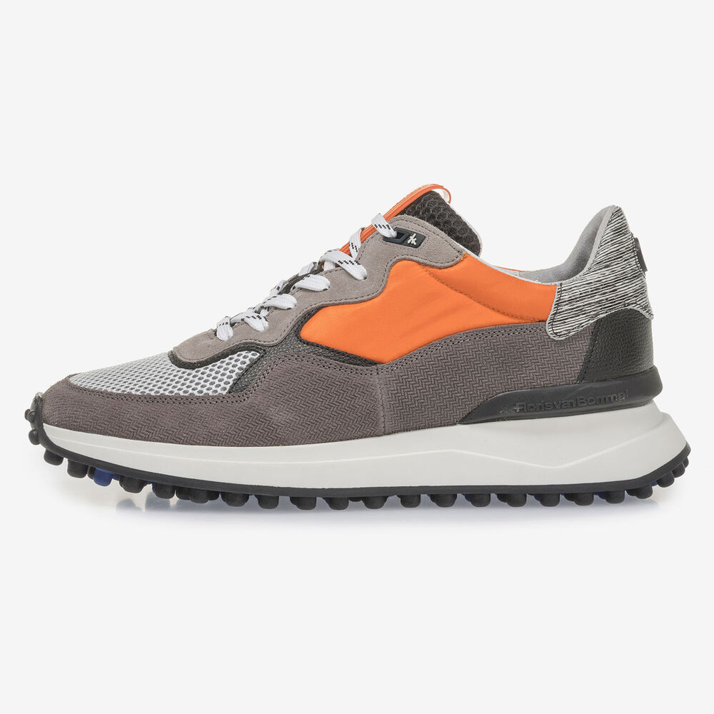 Grey suede leather sneaker with orange details