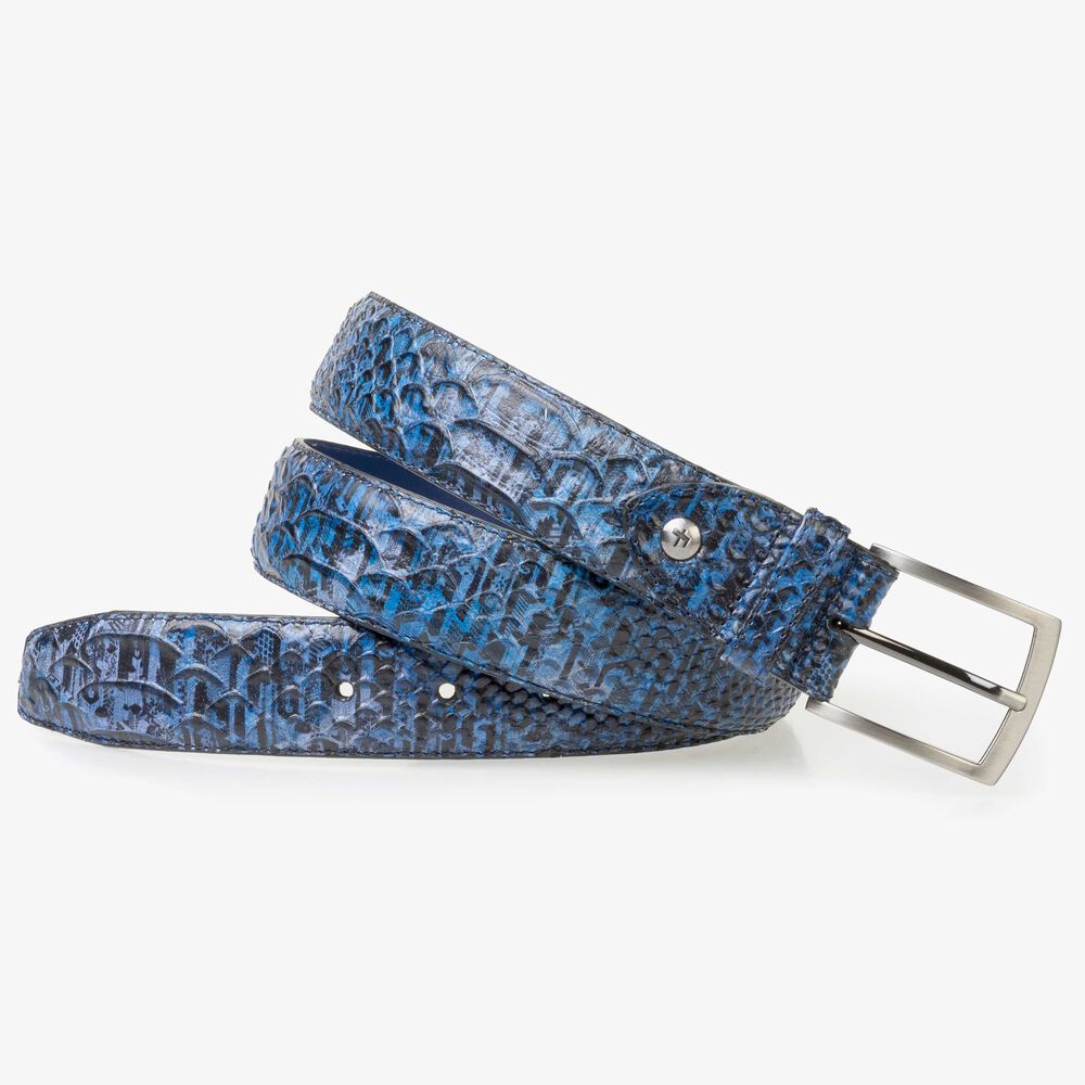 Blue Premium calf leather belt with a snake print