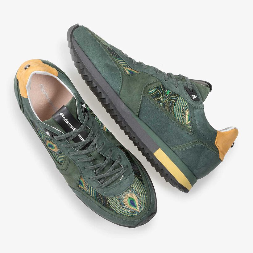 Nubuck leather sneaker with peacock print