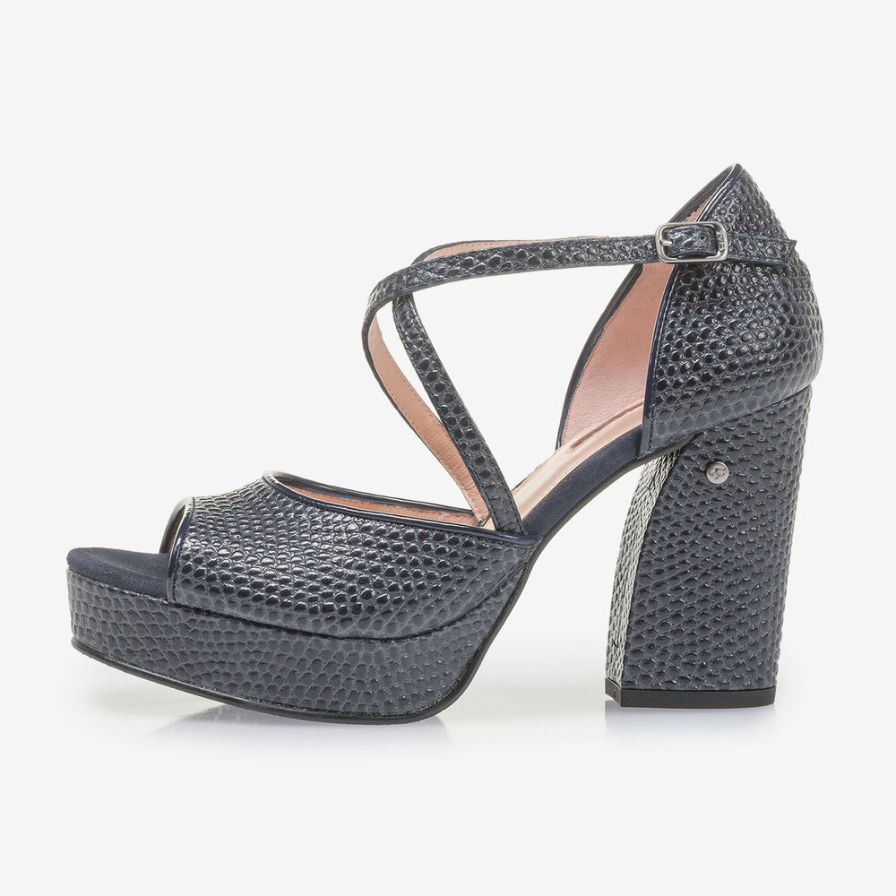 Donkerblauwe leren sandalette met print