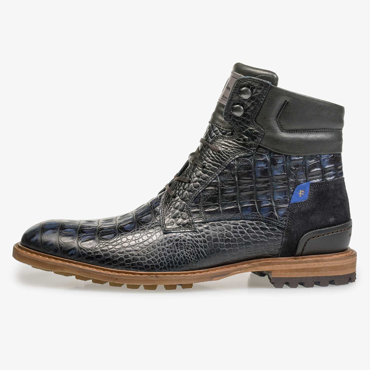 Kalfsleren crocoprint veterboot – blauw – 10234/13|Floris van Bommel®