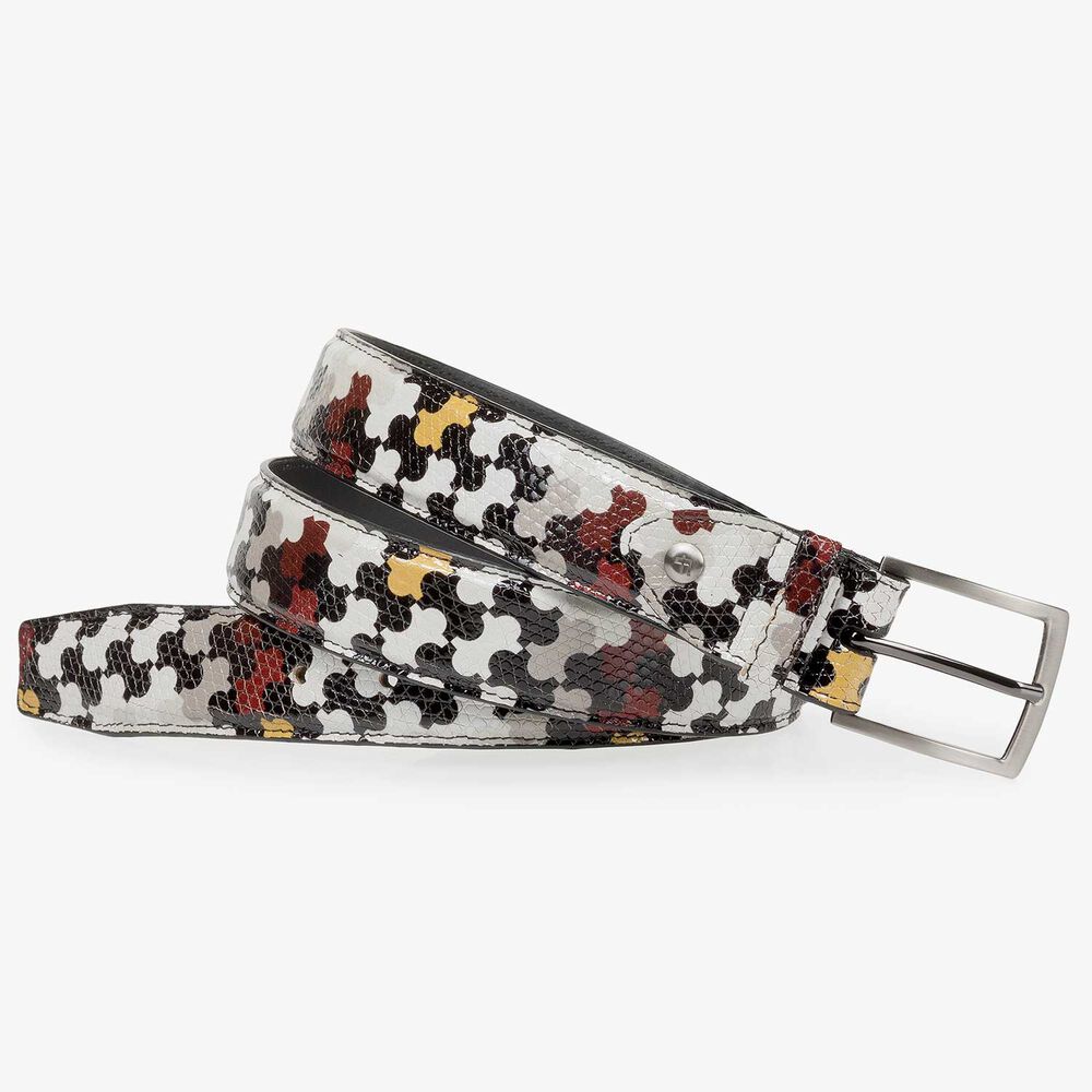 Multi-coloured calf leather belt with print