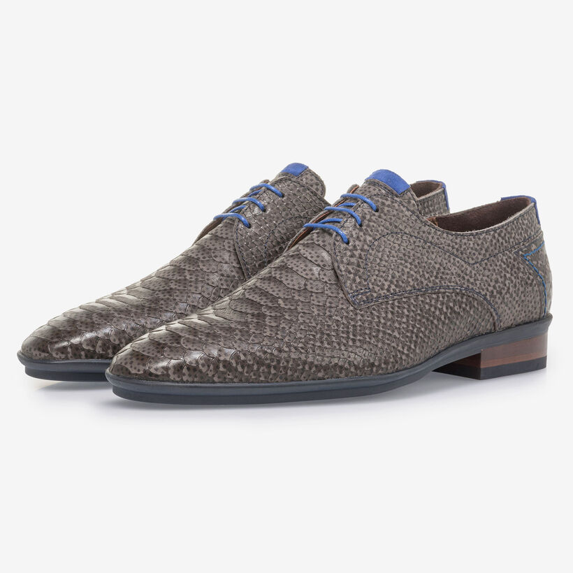 Dark grey nubuck leather lace shoe with snake print