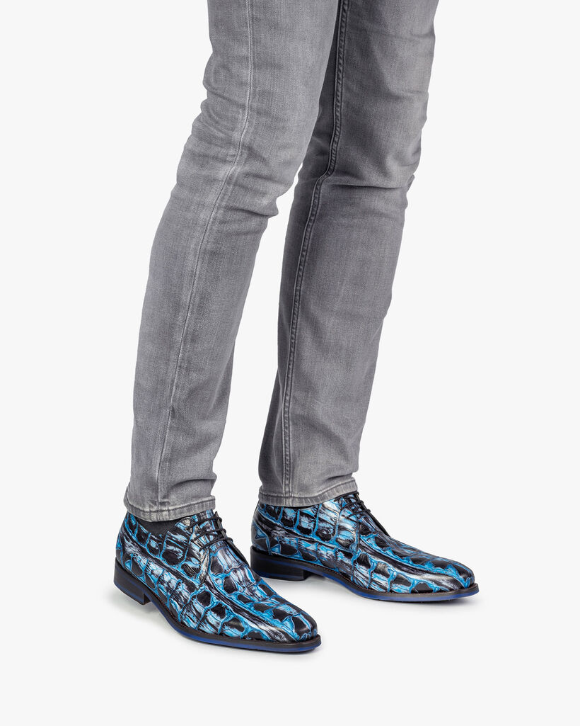 Veterschoen crocoprint blauw