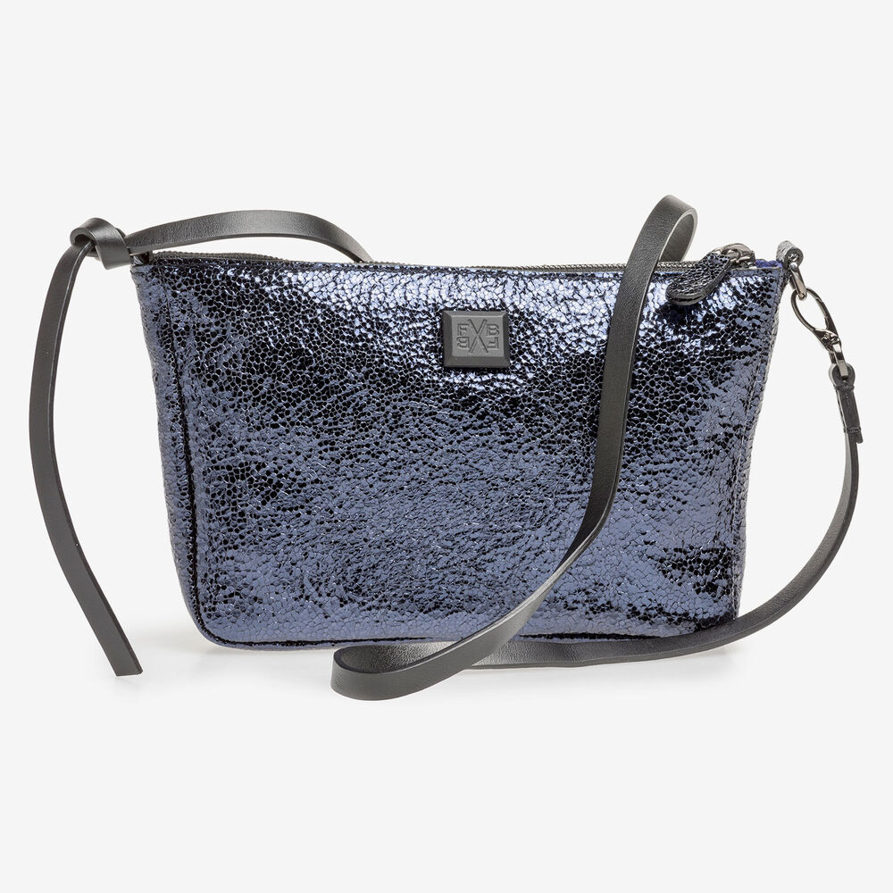 Dark blue leather bag with black print
