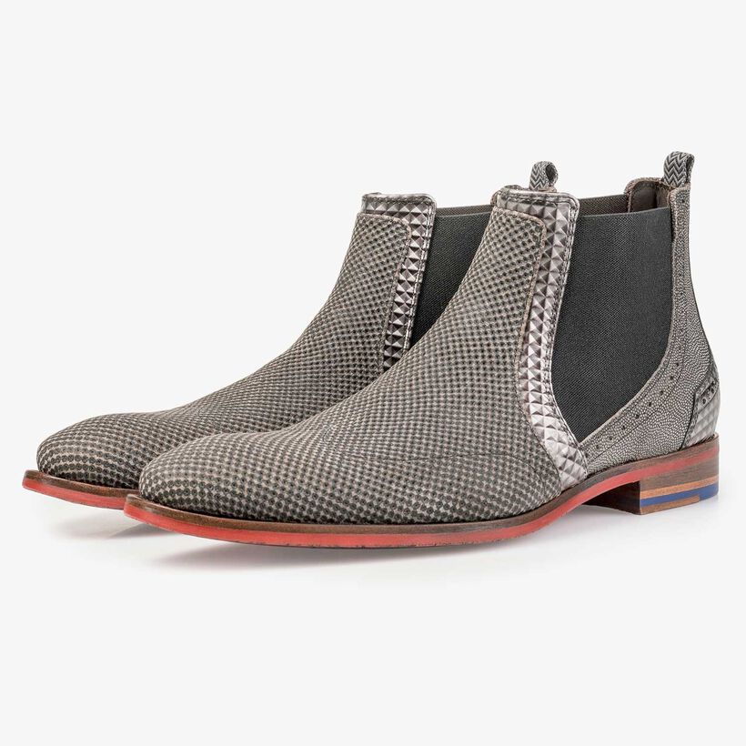 Taupe-coloured suede leather Chelsea boot with a mini print