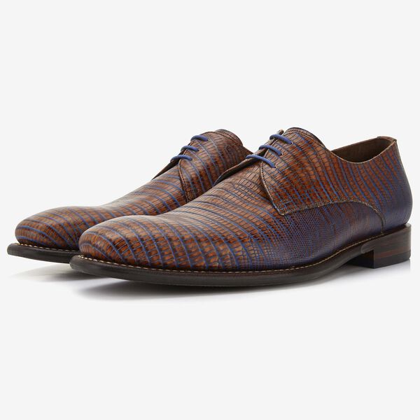 Floris van Bommel cognac coloured lizard print men's lace-up shoe