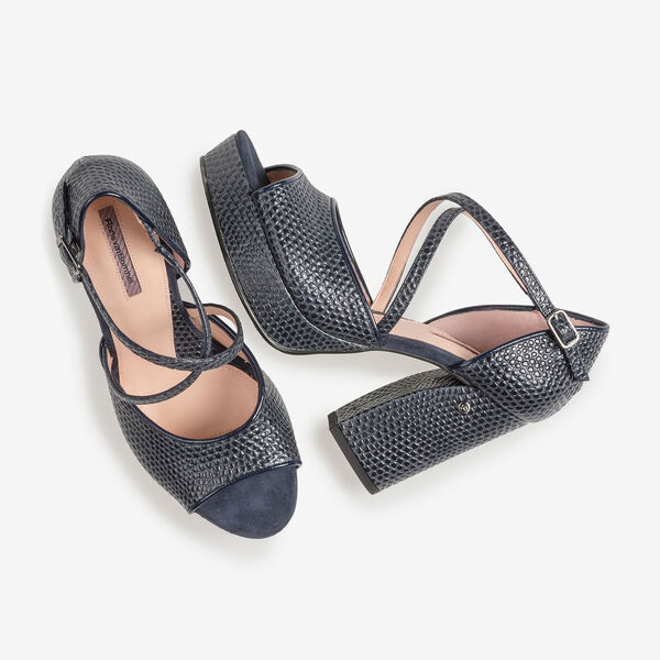 Donkerblauwe leren sandalette met print