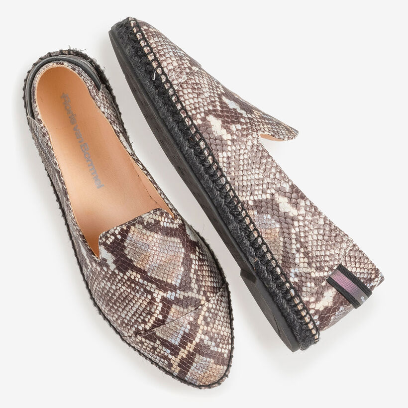 Brown and white leather espadrilles with snake print