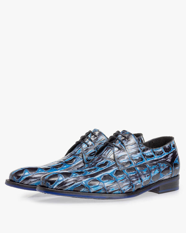 Veterschoen crocoprint blauw