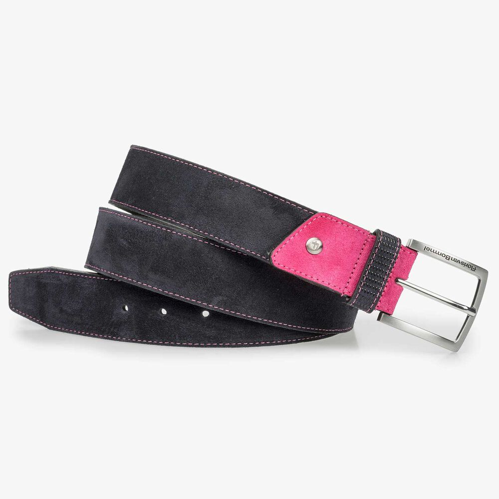Dark blue suede leather belt with pink details