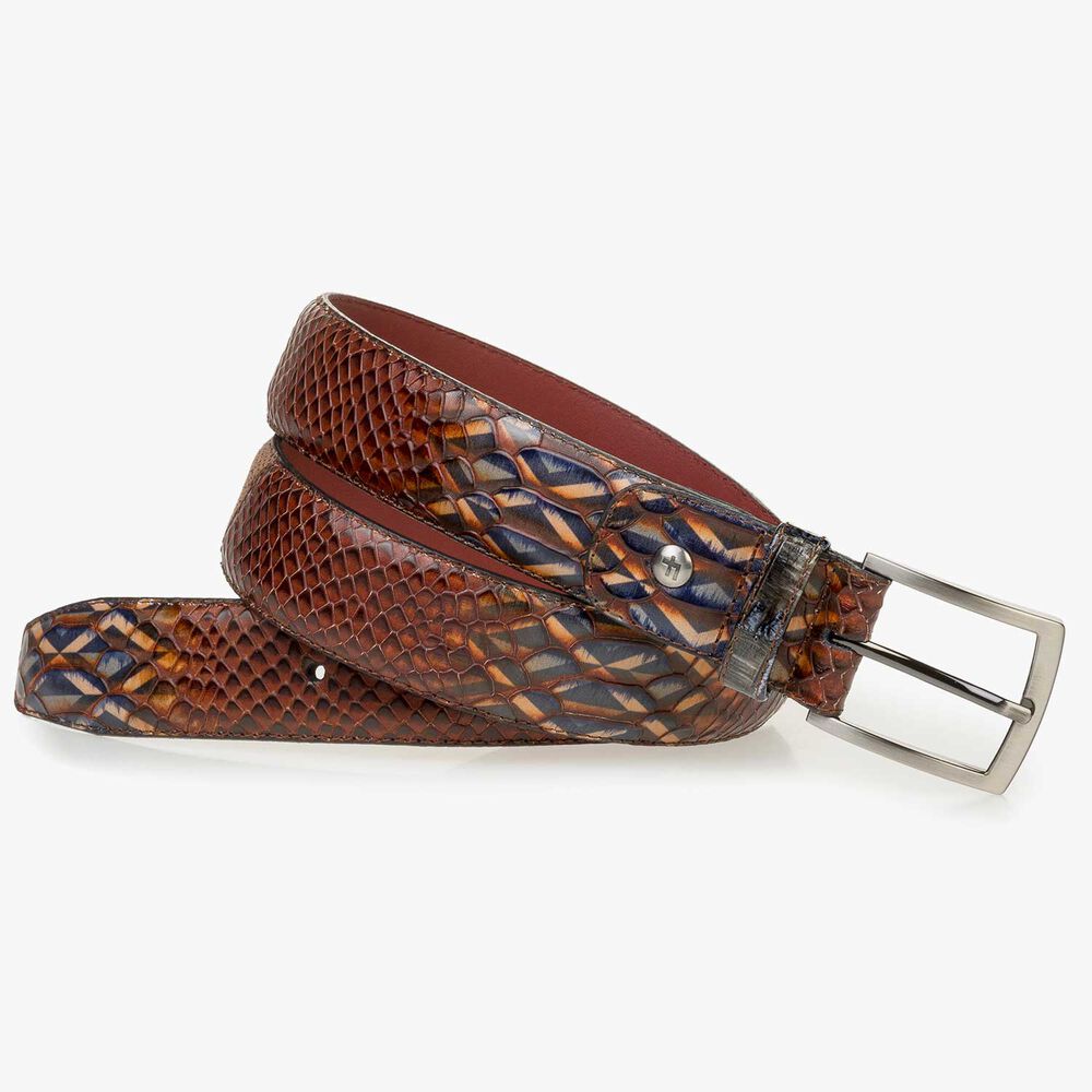 Cognac-colored calf leather belt with a snake print