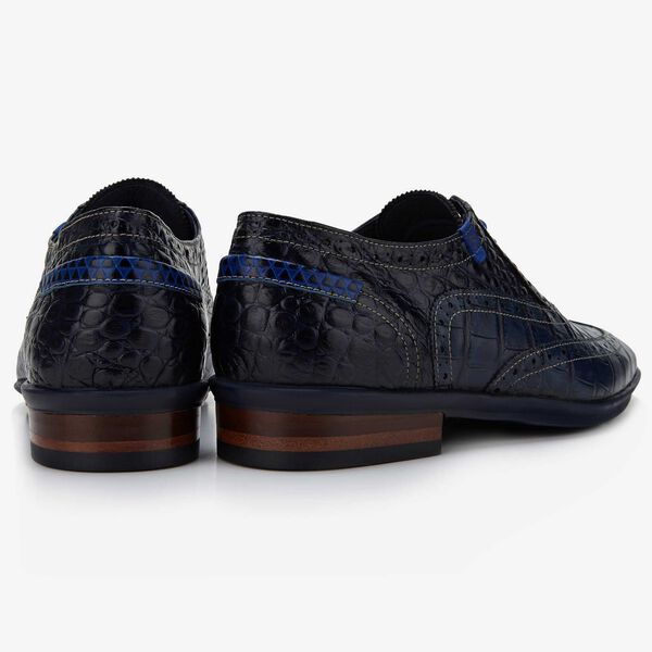 Floris van Bommel donkerblauwe crocoprint heren veterschoen