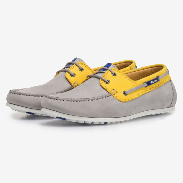Grey and yellow nubuck leather boat shoe