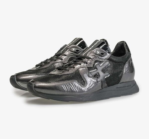 Grey patent leather sneaker with runner’s sole