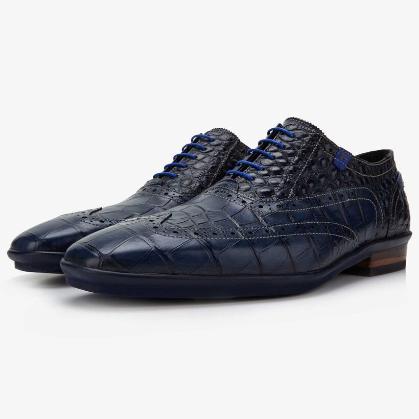 Floris van Bommel donkerblauwe crocoprint heren veterschoen