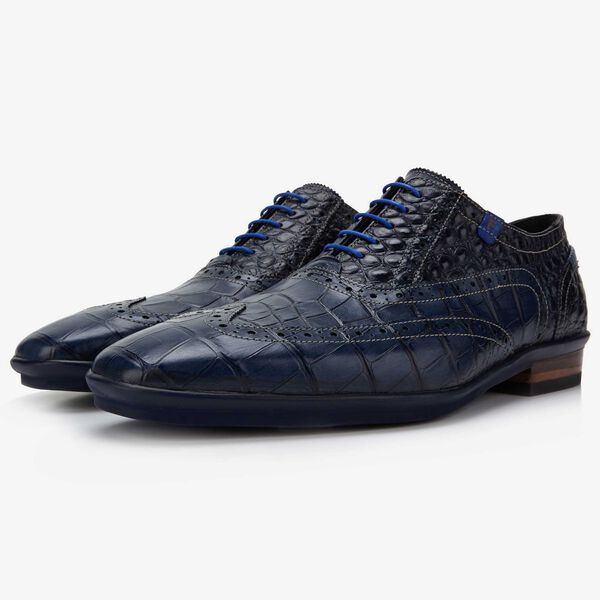 Floris van Bommel donkerblauwe crocoprint heren veterschoen