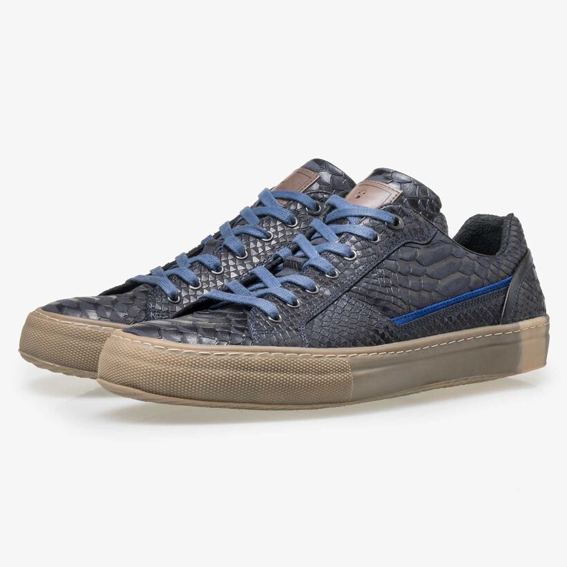 Floris van Bommel blauwe leren snakeprint heren sneaker