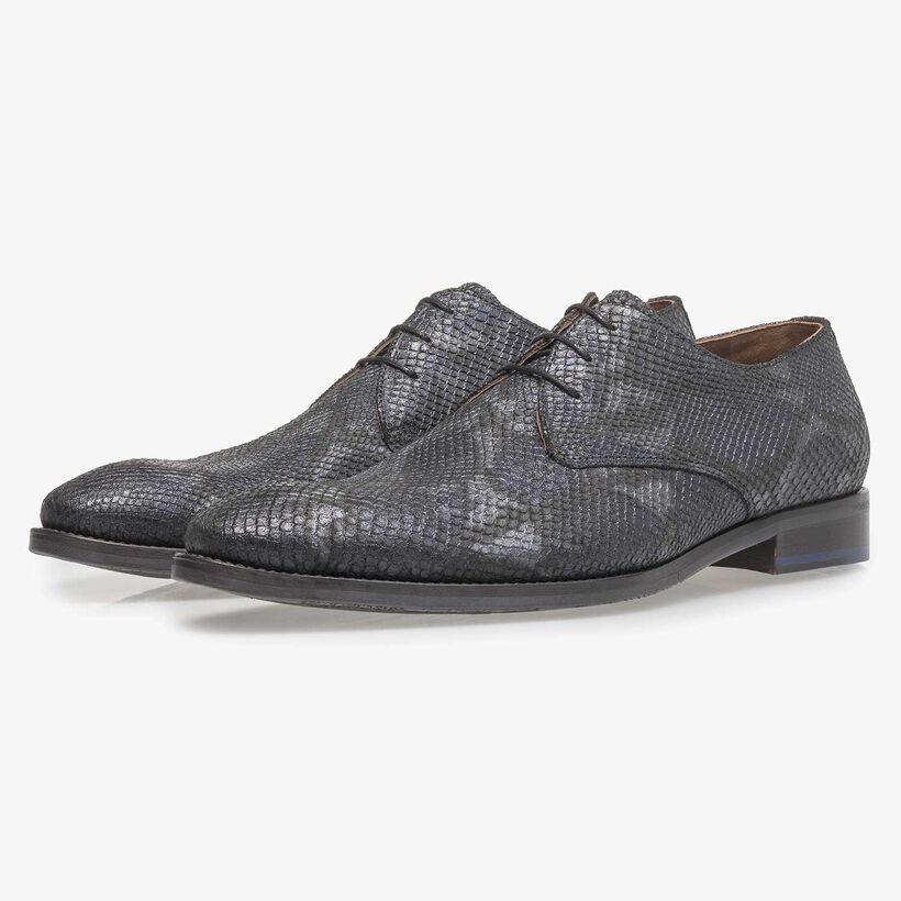 Blue leather lace shoe with snake print