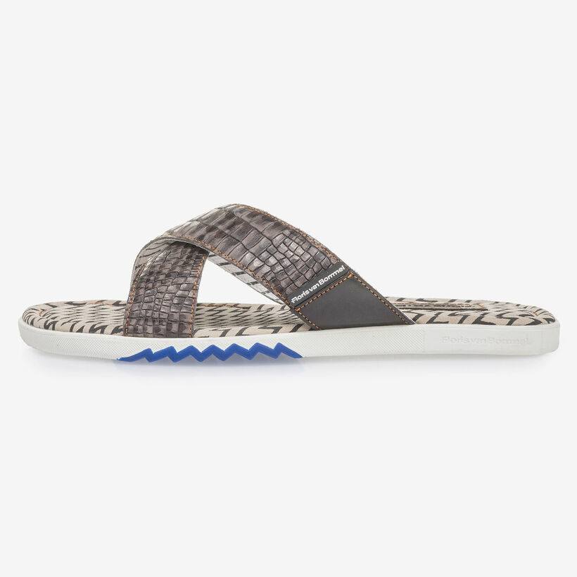 Dark grey nubuck leather cross strap slipper with print