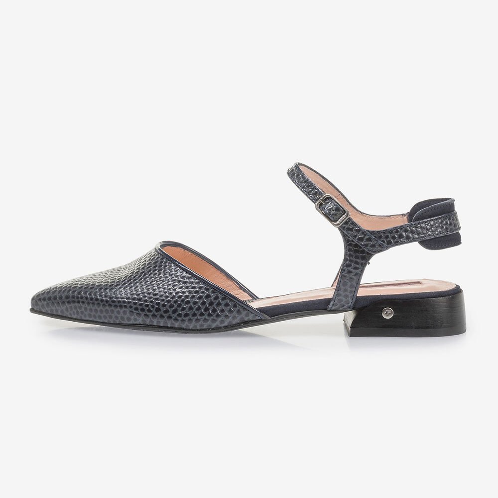 Dark blue suede leather sandals with print