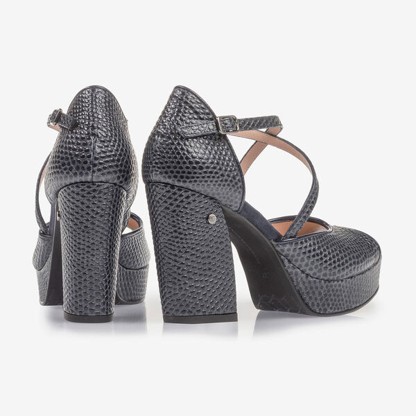 Donkerblauwe leren sandalette met print